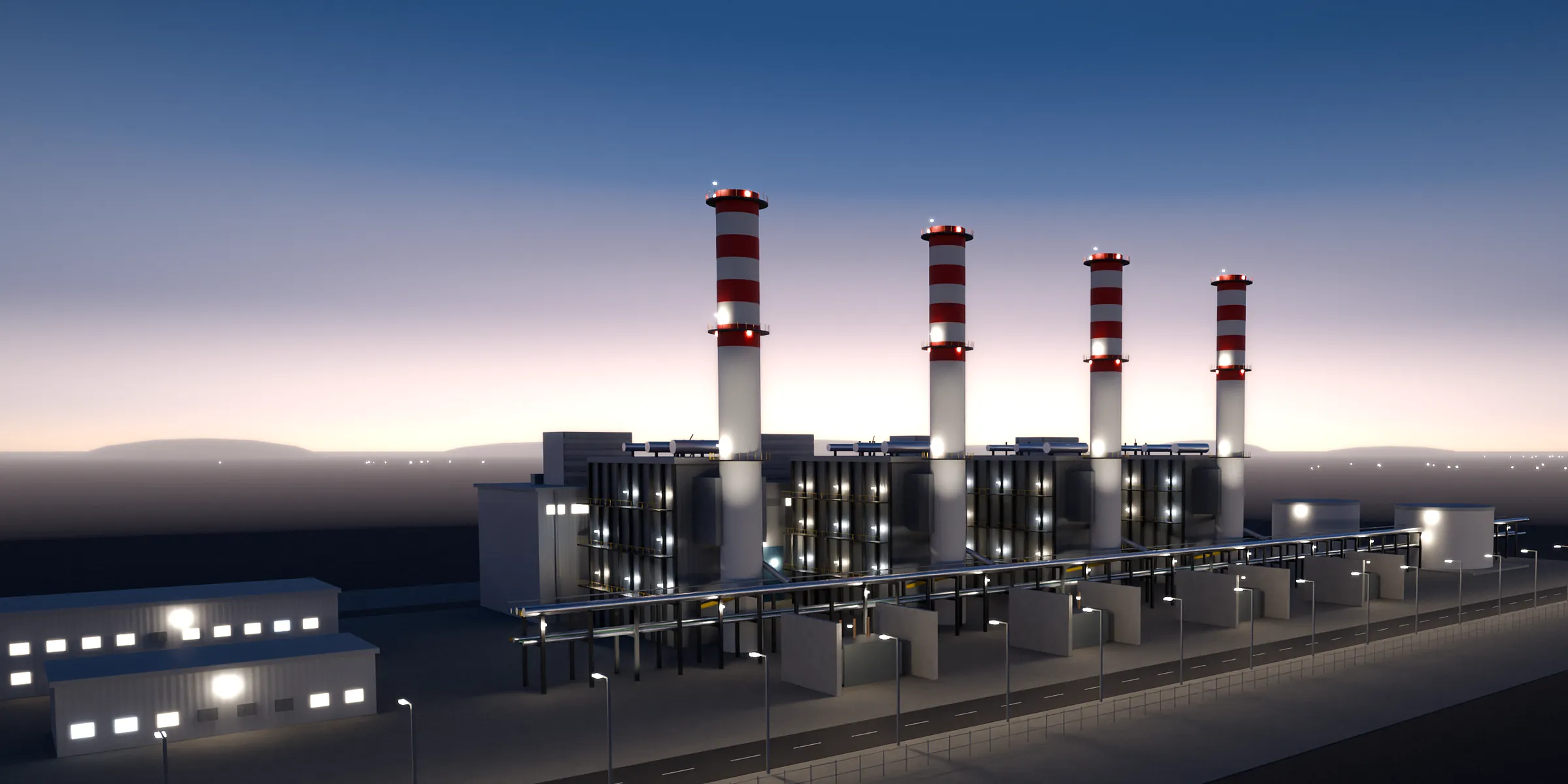 Газотурбинная электростанция в сумерках